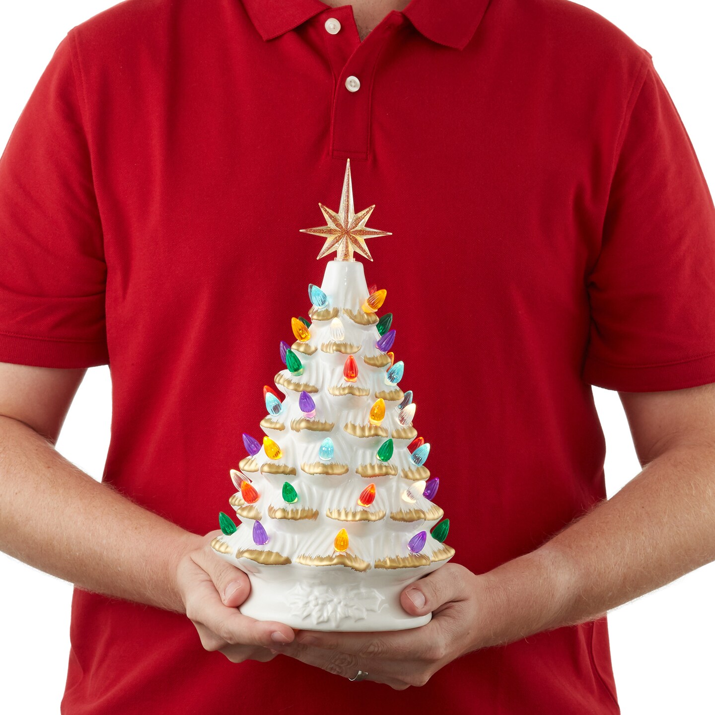 Casafield Hand Painted Ceramic Christmas Tree, 12-Inch Pre-Lit Tree with 100 Multi Color Lights and 2 Star Toppers