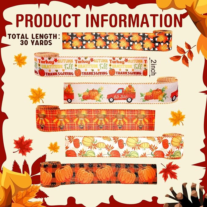 6 Rolls 30 Yards of Fall Burlap Ribbon Rolls Wired Wrapping Ribbon Buffalo Plaid Pumpkin Truck Turkey Maple Harvest Fall Ribbon Thanksgiving Wreath Decoration for Autumn Craft Bow Gift Making