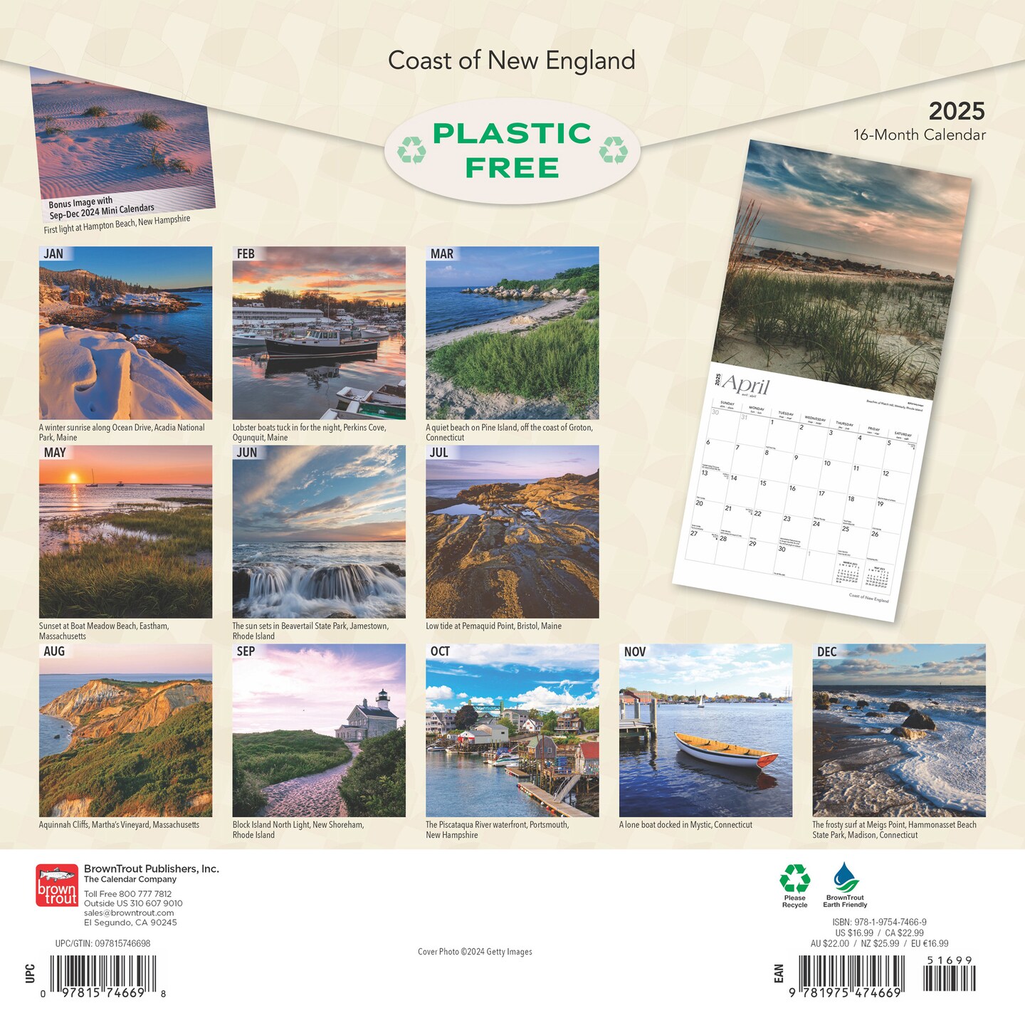 Coast of New England | 2025 12 x 24 Inch Monthly Square Wall Calendar | Plastic-Free | BrownTrout | USA United States of America Scenic Nature Ocean Sea Coast