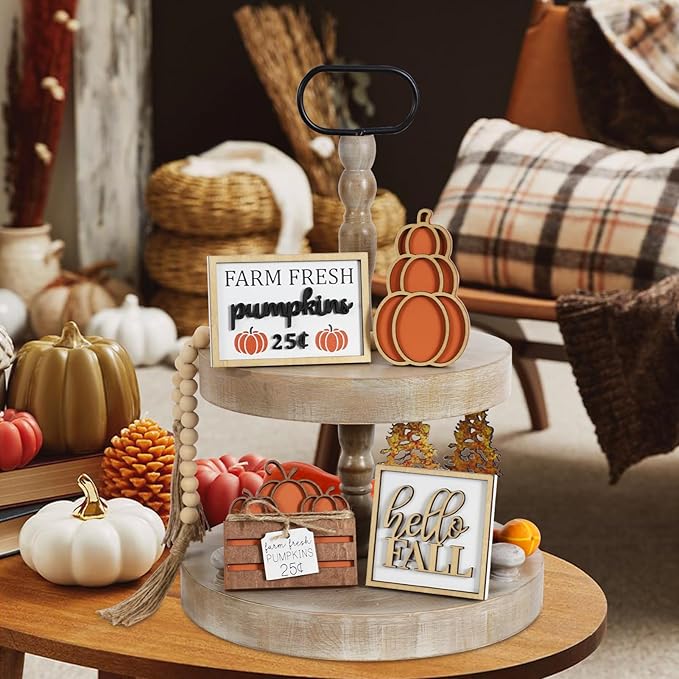 Fall Decor, 5PCS Fall Decorations for Home. Hello fall, stacked pumpkin, farm fresh, pumpkin crate, bead garland, fall tiered tray decor, rustic fall tabletop decor.