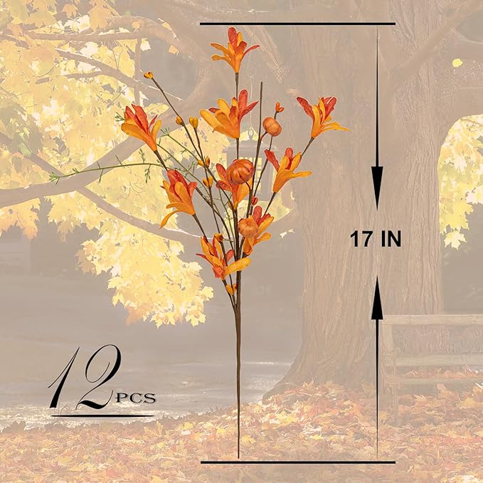 Artificial Fall Flowers 12 Pack: Fall Floral Picks with Pumpkins and Berries 17-inch Orange Forsythia Stems for Autumn Flower Arrangements Home Thanksgiving Decorations