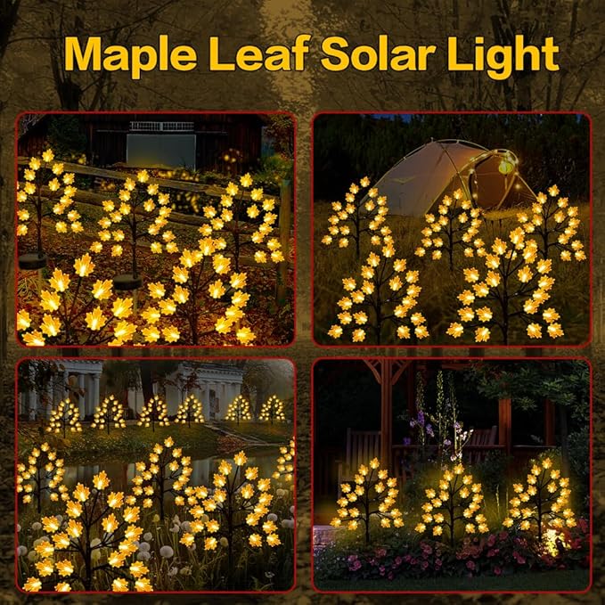 Fall Decorations Outdoor Solar Lights - 2PCS Artificial Lighted Maple Tree Thanksgiving Decor Lights with 40LED Orange Leaves Solar Thanksgiving Lights for Autumn Harvest Festival Outside Decor