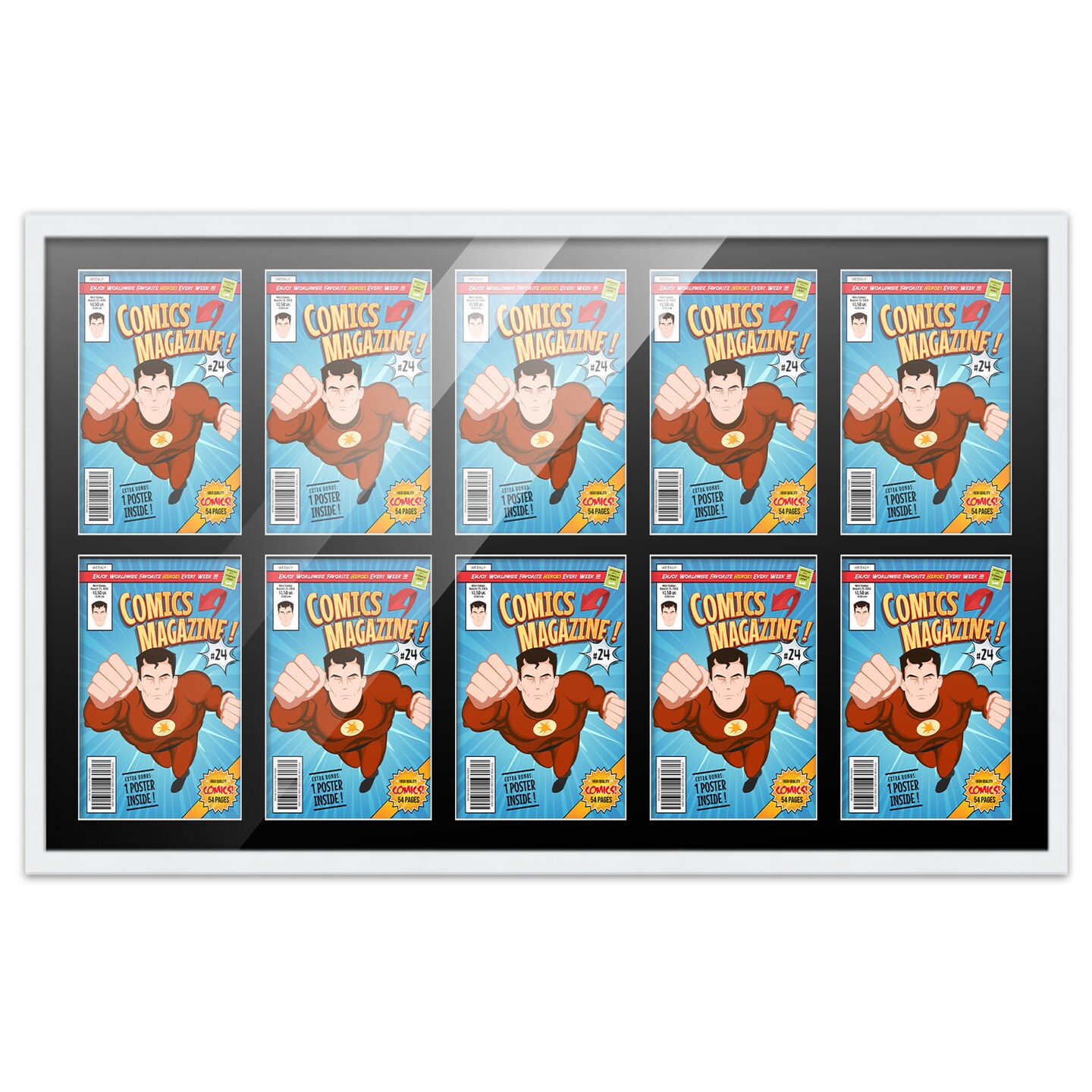 Comic Book Display Frame for Golden Age Comics Published Between 1938 and 1956 - White Wood Comic Frame With Black Mat for 7.75x10.5 Comic, 18 Frame Sizes