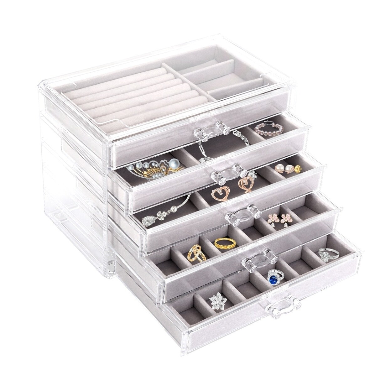 Clear Acrylic Jewelry Box Organizer With 5 Drawers Stackable Jewelry Holder Velvet Storage Case For Earrings Rings