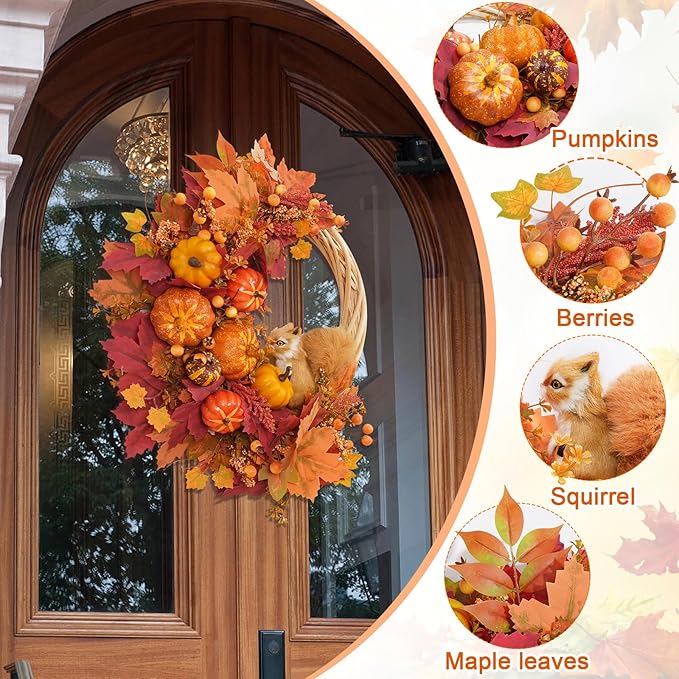 Fall Wreath Decor, Fall Wreaths for Front Door with Lifelike Squirrel, Pumpkins Berries &#x26; Maple Leaves, 18&#x22; Autumn Fall Door Wreath Fall Wreaths for Front Door Outside Thanksgiving Home Decor.