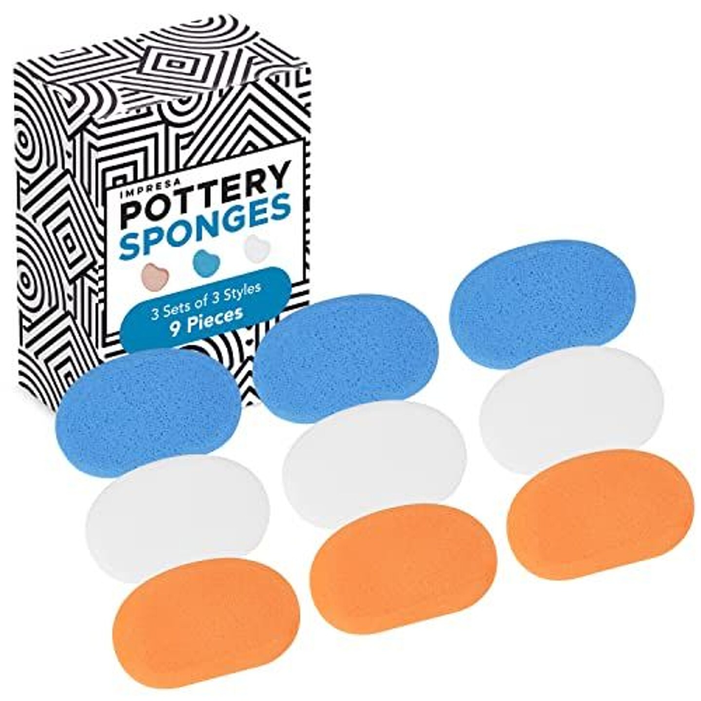 IMPRESA [9 Pack] Pottery Sponge - 3 Sets of 3 Densities - Art Sponges for Painting &#x26; Clay Shaping - Pottery Tools &#x26; Supplies - Kidney Potter &#x2122;s Rib - Art Ceramics Paint Sponge Liquid Sculpting Tool