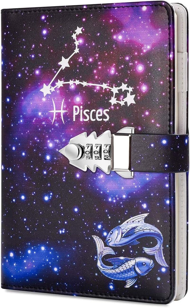 A5 Creative Password Lock Journal PU Leather Combination Lock Diary Locking Diary Notepad (Pisces)