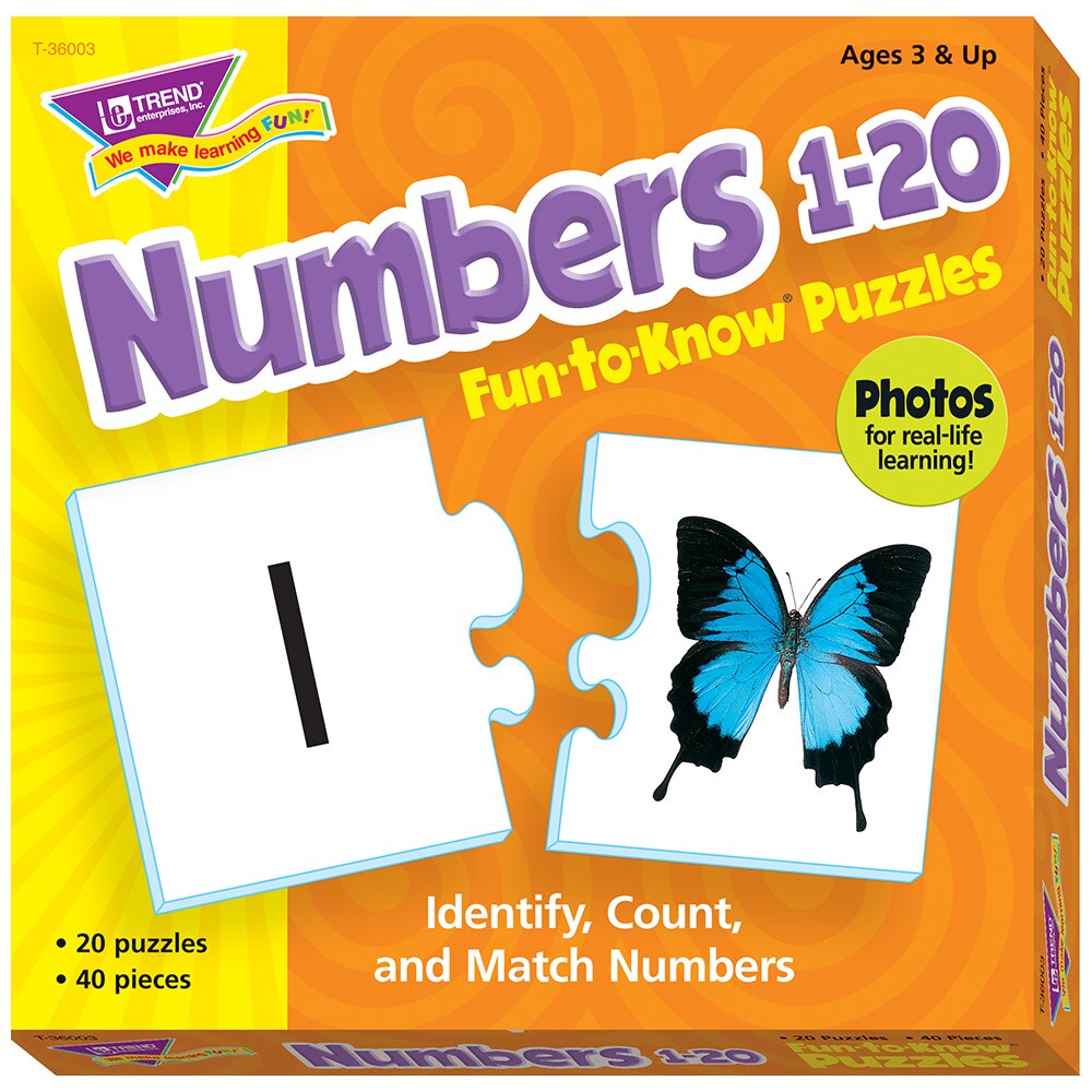 TREND ENTERPRISES, INC. Numbers 1 to 20 Two-Piece Puzzles, Assorted Themes, Set of 20