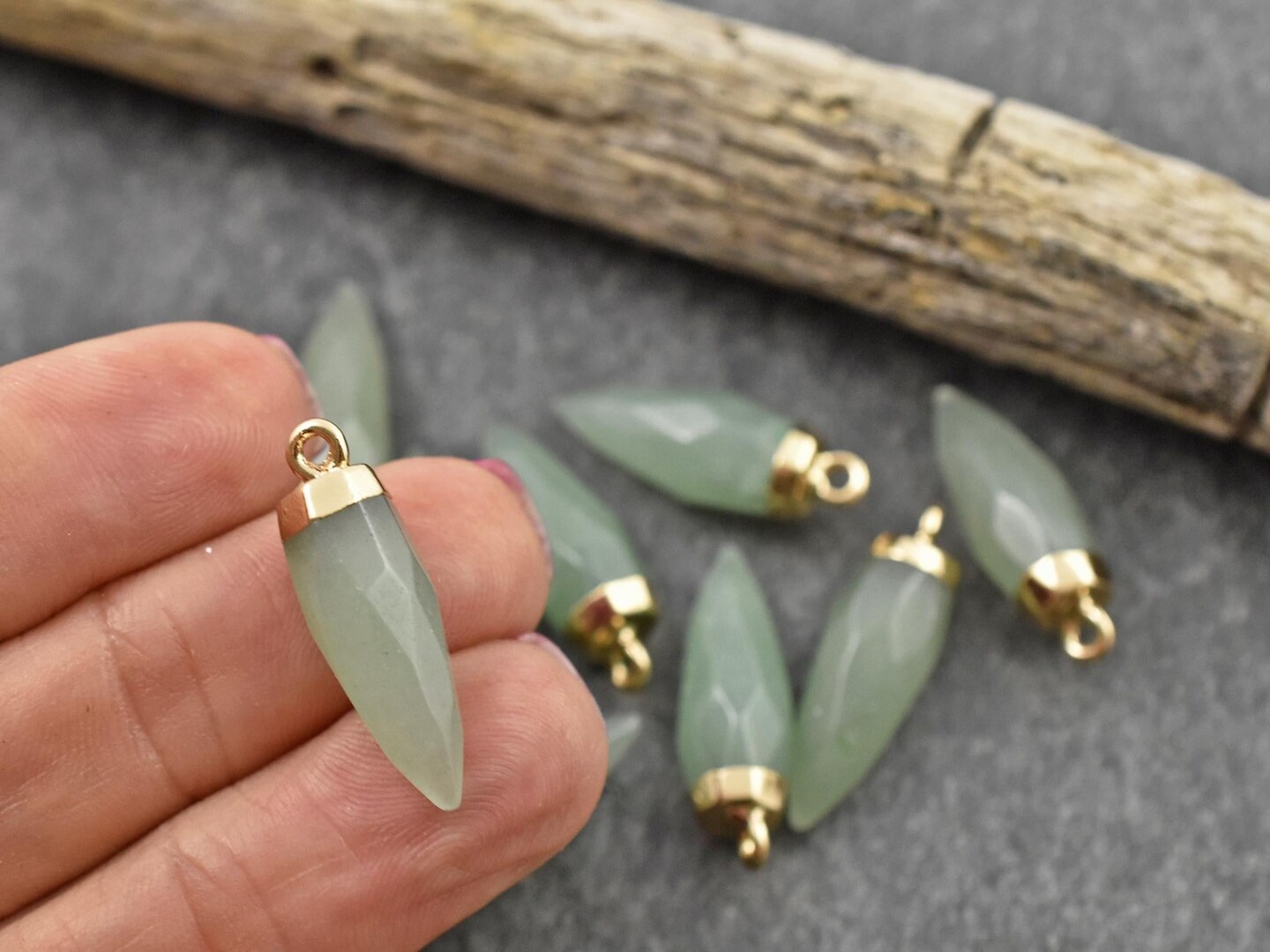 25-26mm Gold Tone Natural green Aventurine Pointed Bullet Pendant