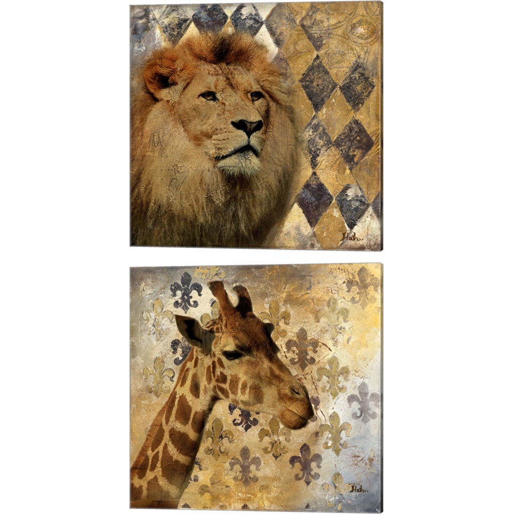Golden Safari Lion &#x26; Giraffe by Patricia Pinto 14&#x22; x 14&#x22; Canvas Wall Art (Set of 2)