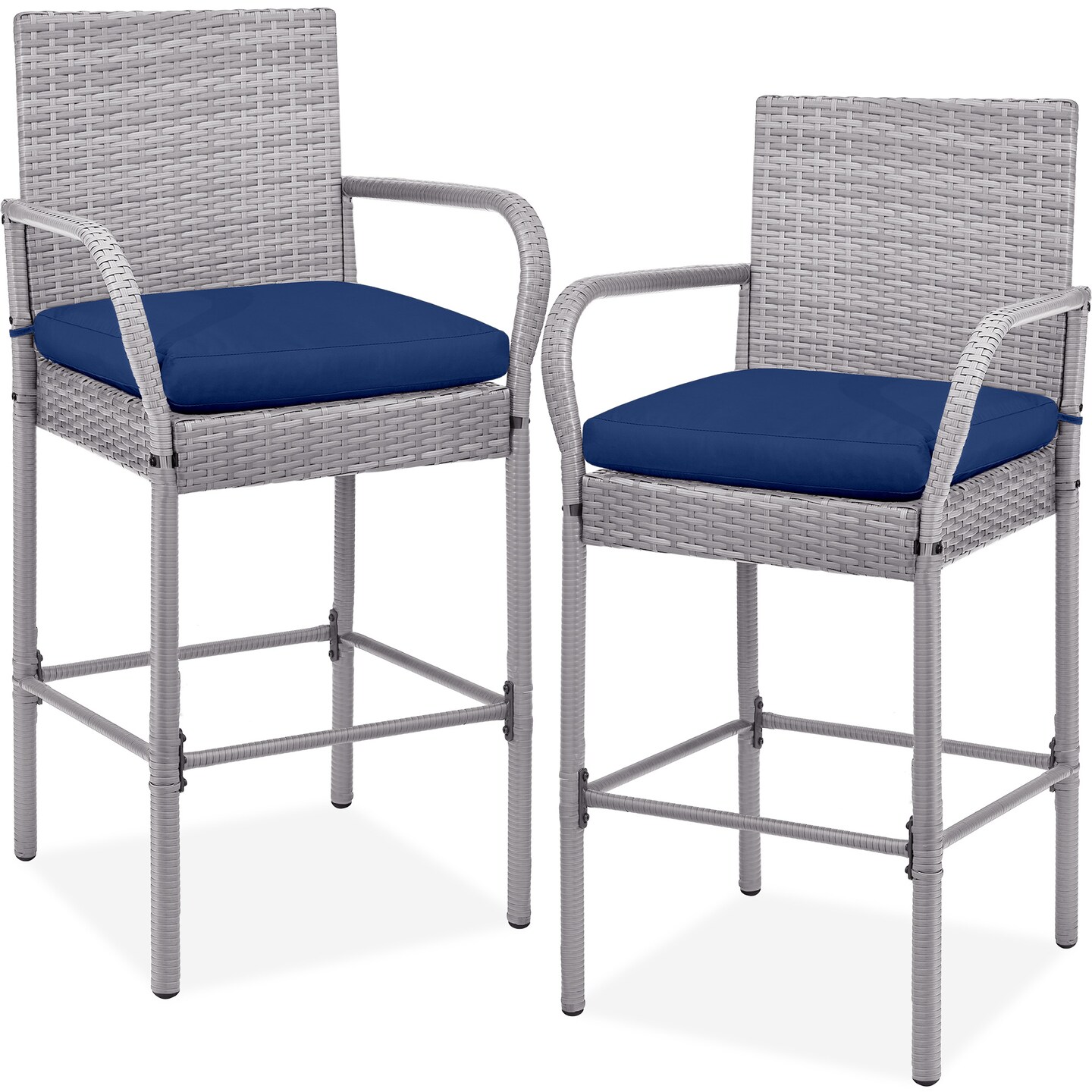 Best Choice Products Set of 2 Wicker Bar Stools w/ Cushion, Footrests, Armrests for Patio, Pool, Deck