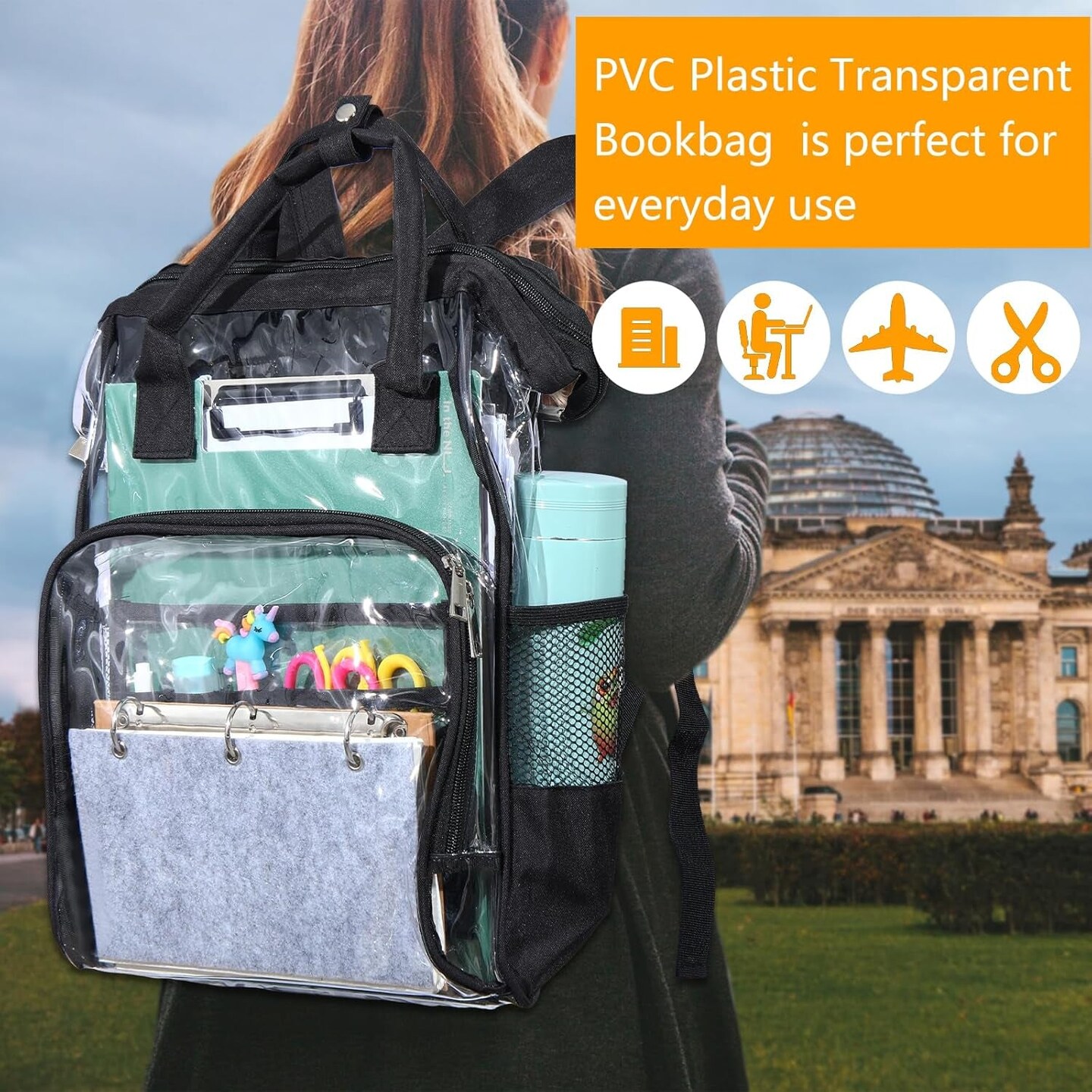 12 Pcs Heavy Duty Clear Backpack 15&#x22; Clear Stadium Backpack Stadium Approved Large Transparent Backpacks for School Donation, Stadium Events Supplies(Black)
