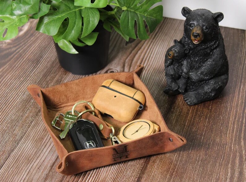 Father Birthday Gifts,Personalized Leather Catchall,Custom Valet Tray,Nightstand Organizer,Monogrammed Home Decor,Office Gift for Coworker product 4