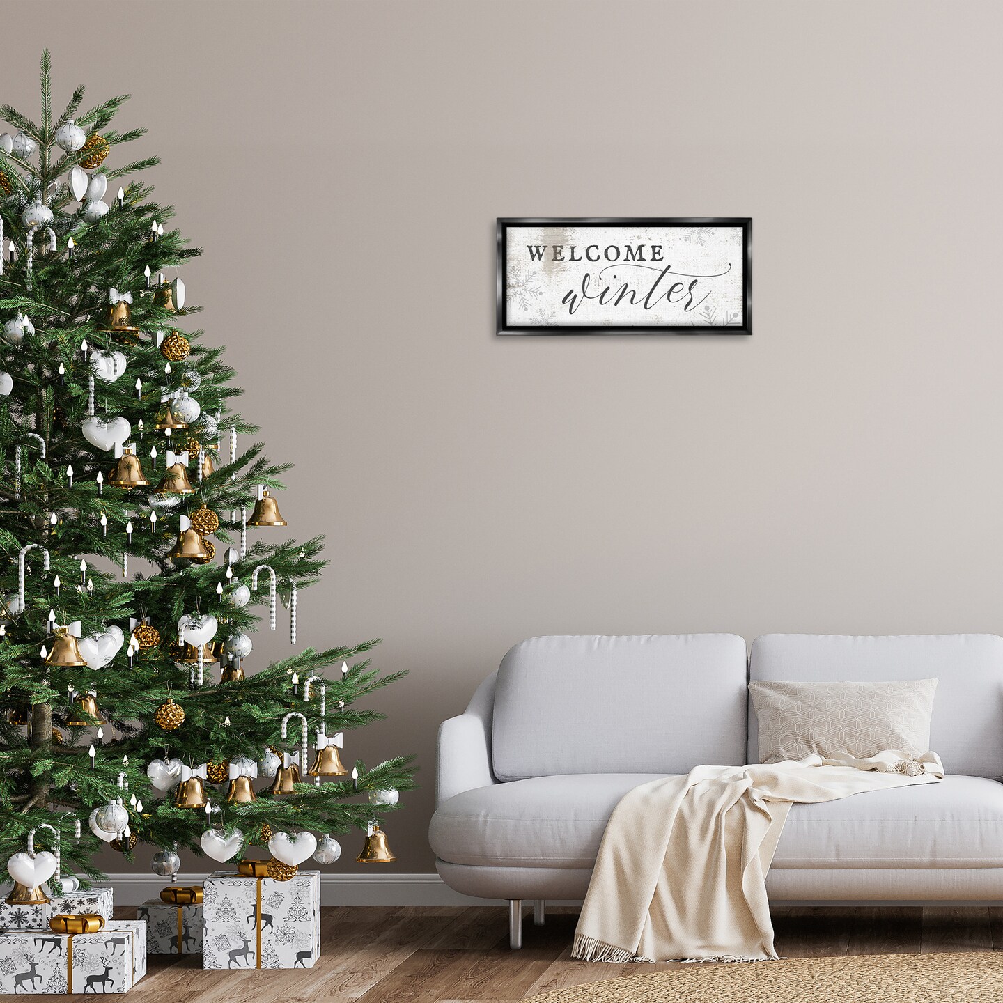 Stupell Industries Welcome Winter Snowflake Pattern Framed Floater Canvas Wall Art