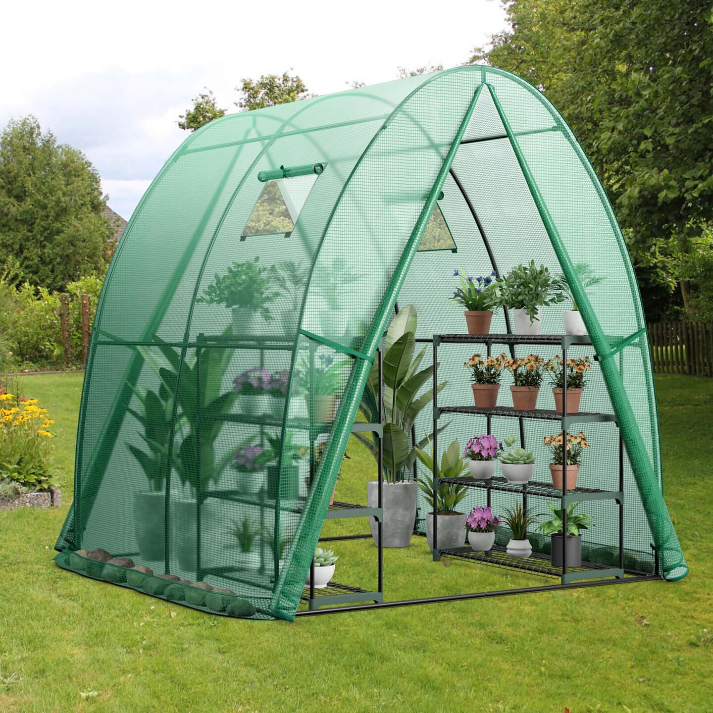 Costway Portable Greenhouse with 2 Zippered Doors 2 Roll-up Screen Windows 6 x 6 x 6.6 FT Green/White
