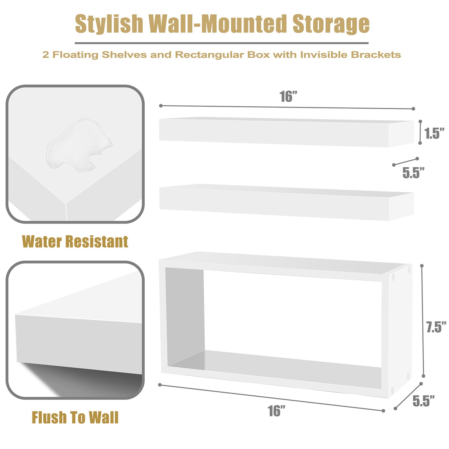 Sorbus Floating Shelves for Wall Set of 3 - Bathroom Shelves for Wall Storage, Over Toilet, Bedroom, Farmhouse, Wall Decor - 2 Floating Shelves with Invisible Brackets & 1 Rectangular Box