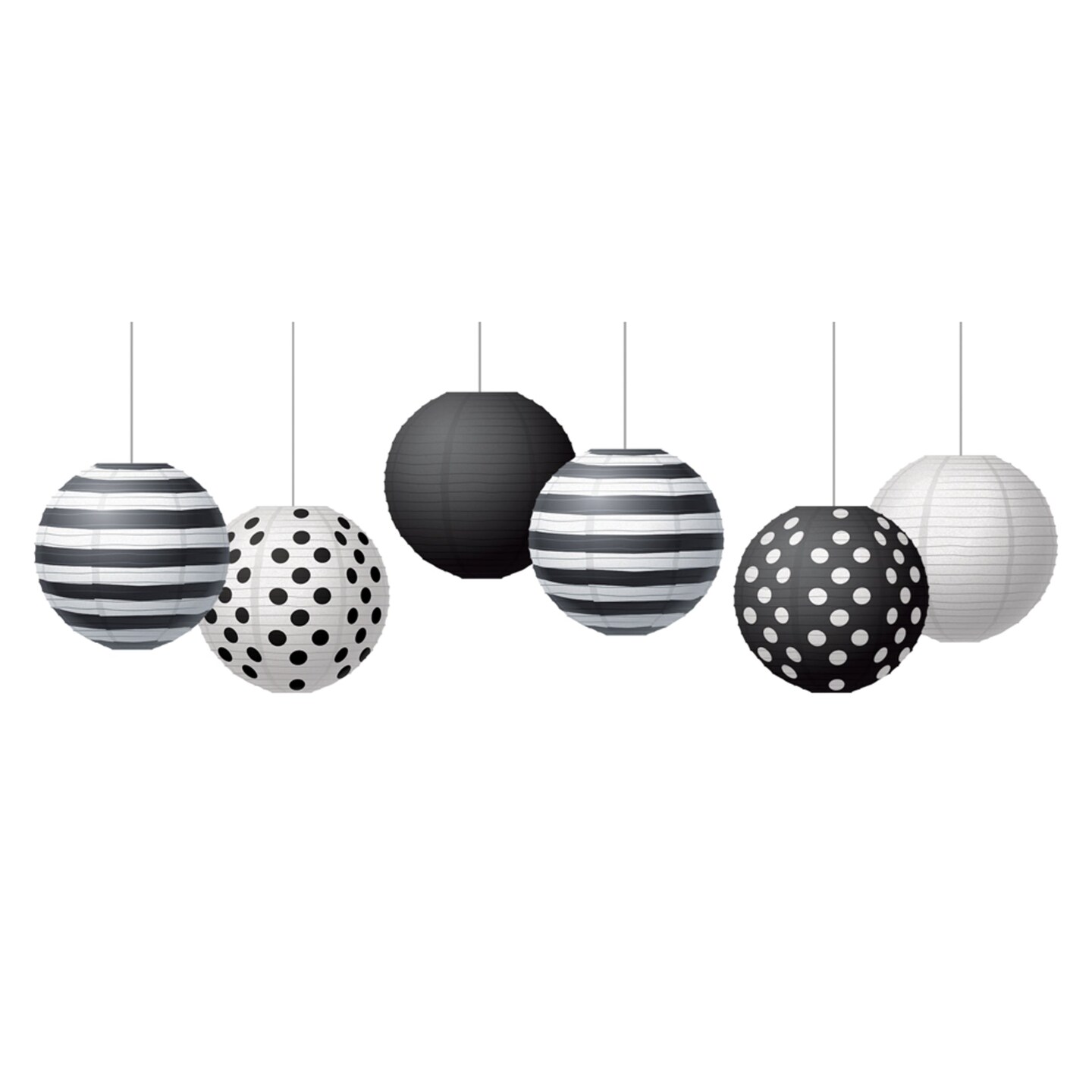 Black &#x26; White 8&#x22; Hanging Paper Lanterns, Pack of 6