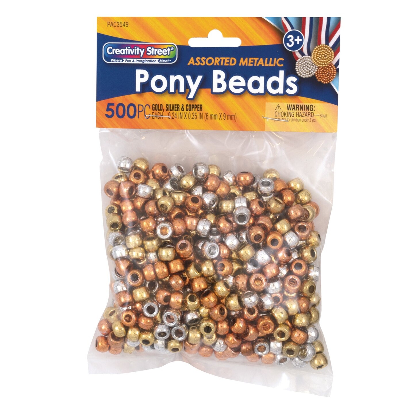 Pony Beads, Gold, Silver &#x26; Copper, 6 mm x 9 mm, 500 Count