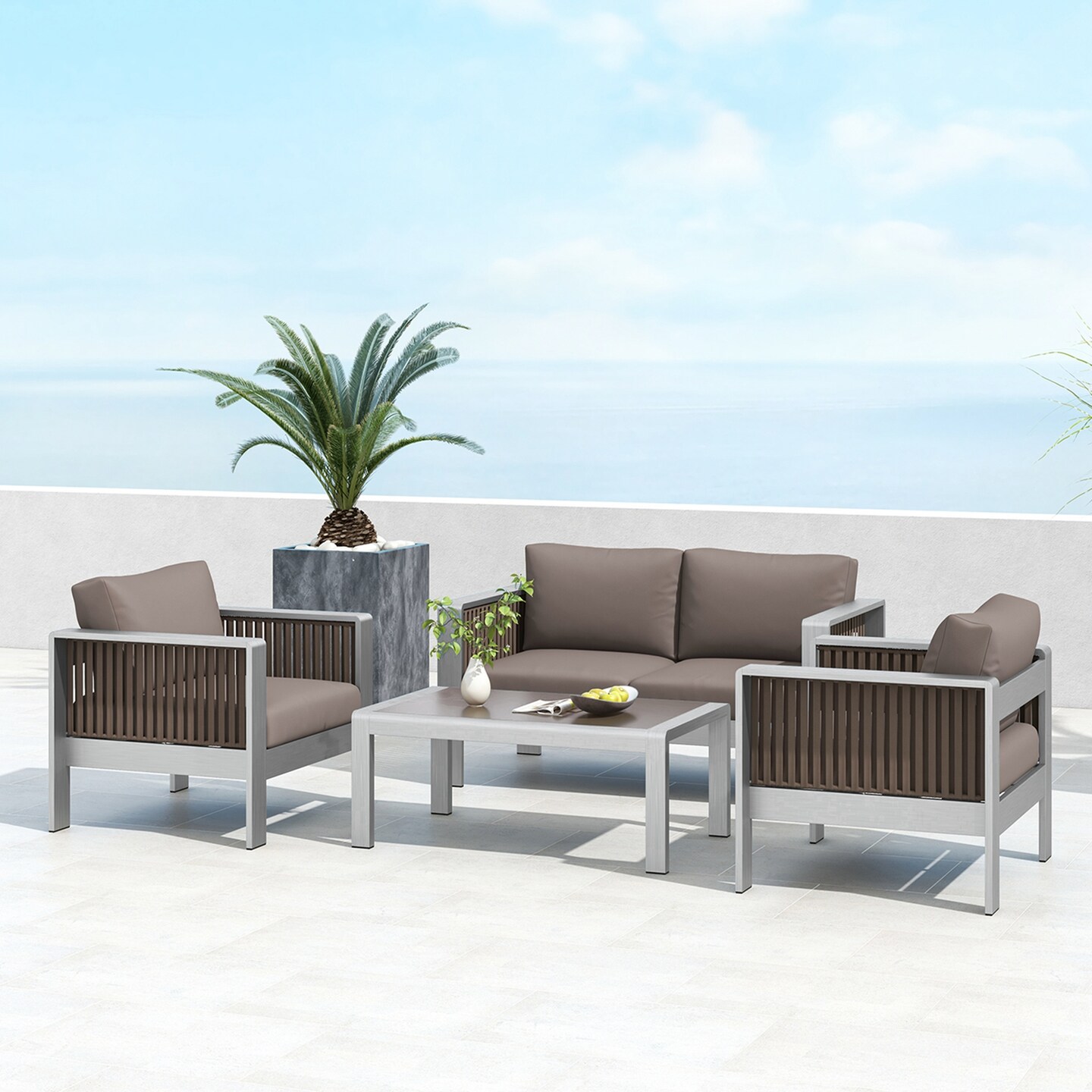 Costway 4 PCS Aluminum Patio Furniture Set with Thick Cushions &#x26; Tempered Glass Tabletop