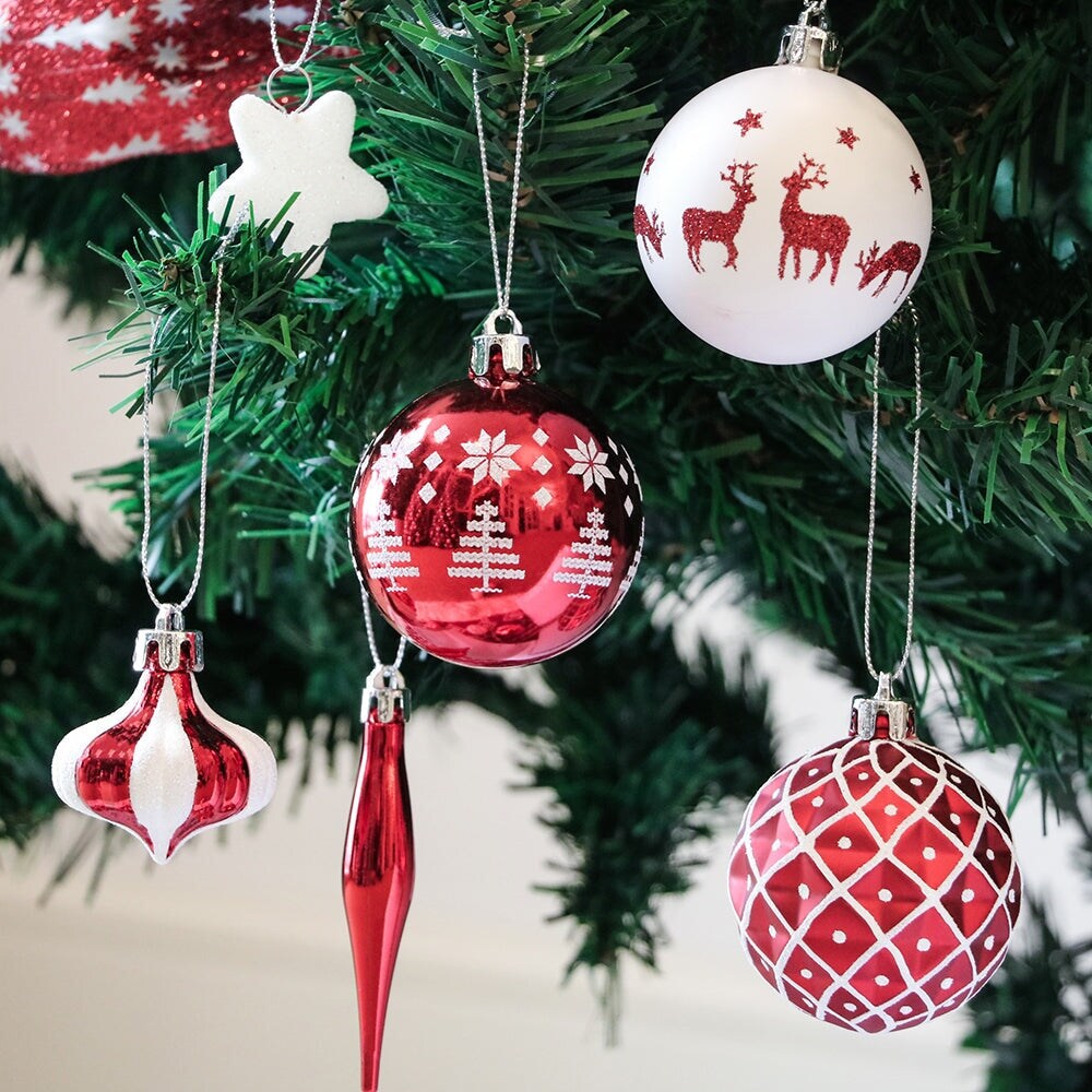Endearing Prominent Red and White Christmas Ornament Set, Bauble Bundle with Candycane Colors and Patterns 70 Pieces