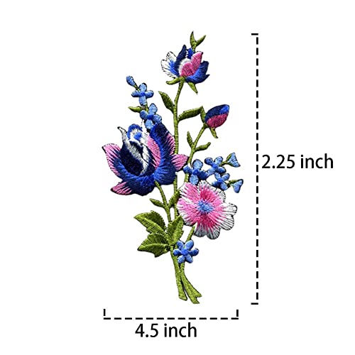 Pink and Blue Roses Pair - Floral Bouquet Embroidered Appliques, Iron-On Patches, New