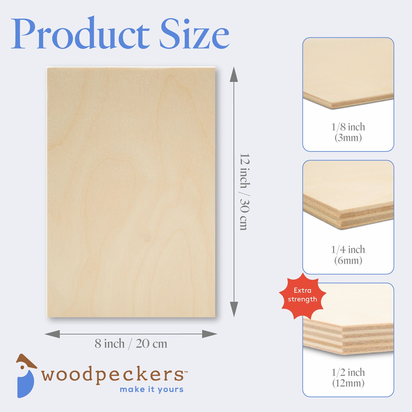 Baltic Birch Plywood, 8 x 12 Inch, B/BB Grade Sheets, 1/2, 1/4 or 1/8 Inch Thick| Woodpeckers