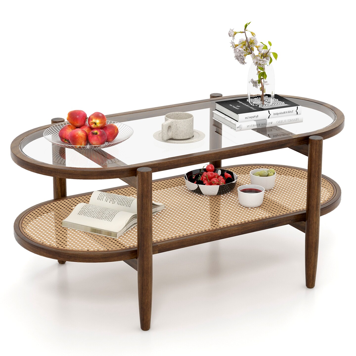 Costway 2-Tier Coffee Table Tempered Glass Top with PE Rattan Shelf & Acacia Wood Frame Black/Brown