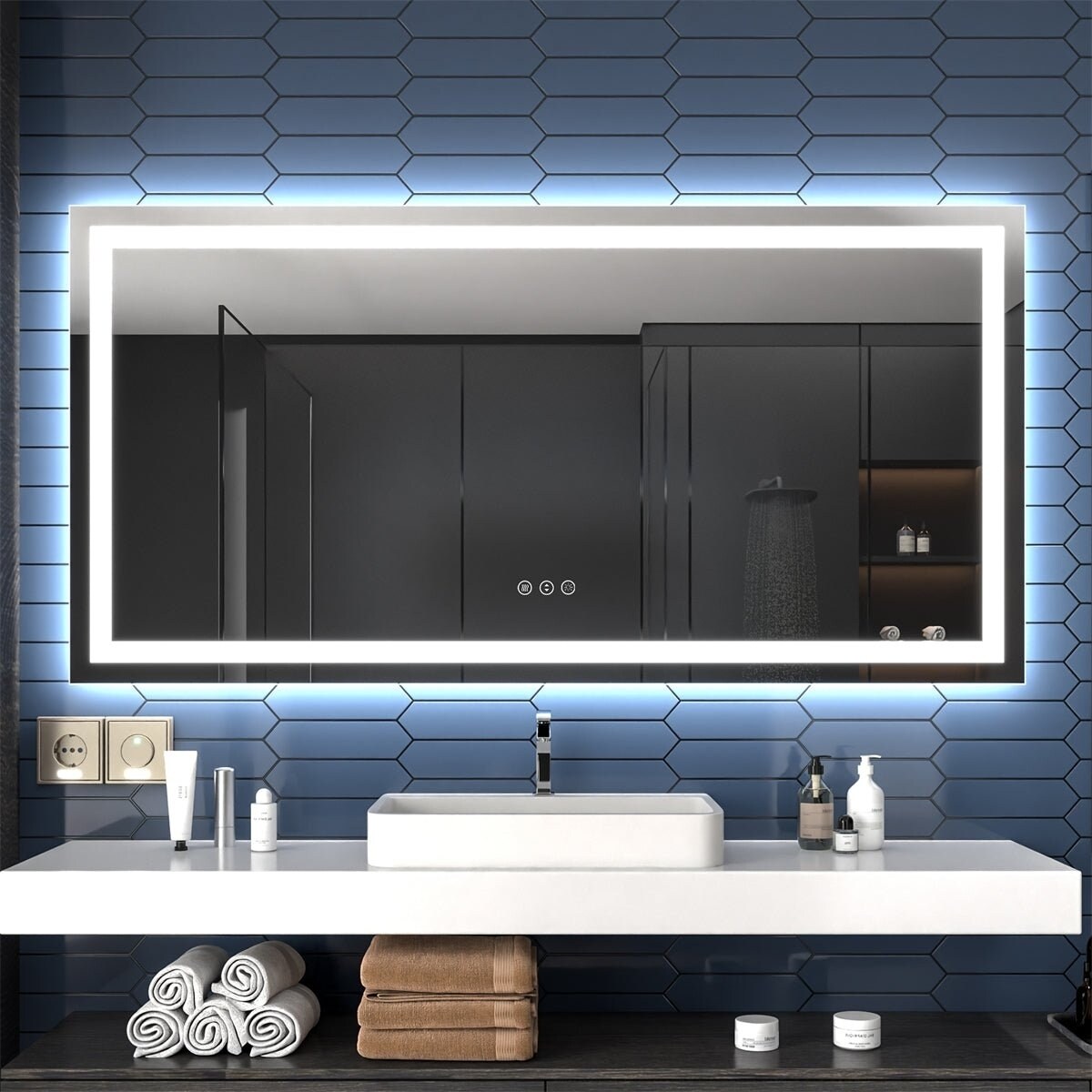 Apex Led Bathroom Mirror 72"X36" Anti Fog Dimmable Dual Lighting Tempered Glass