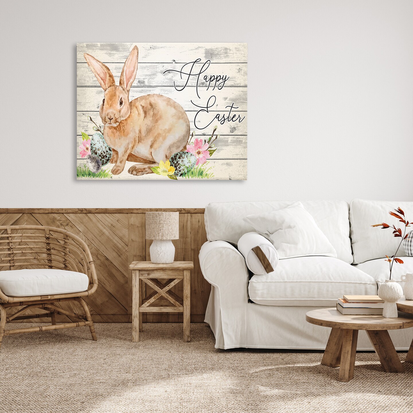 Stupell Industries Spring Floral Happy Easter Bunny Canvas Wall Art