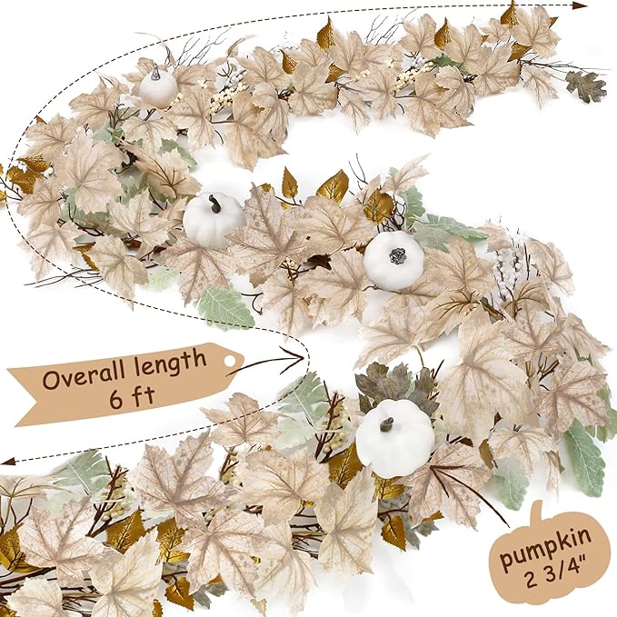 Fall Decor - Fall Garland - 6Ft Autumn Maples Leaf Pumpkin Berry Garland for Thanksgiving. Halloween Mantle Fireplace Farmhouse Harvest Decorations for Home: Outdoor, Indoor, and Porch
