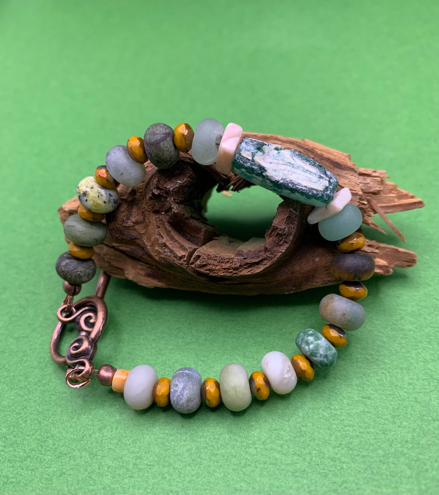 Matte Mixed Gemstone Bracelet with Roman Glass Bead, Roman Glass