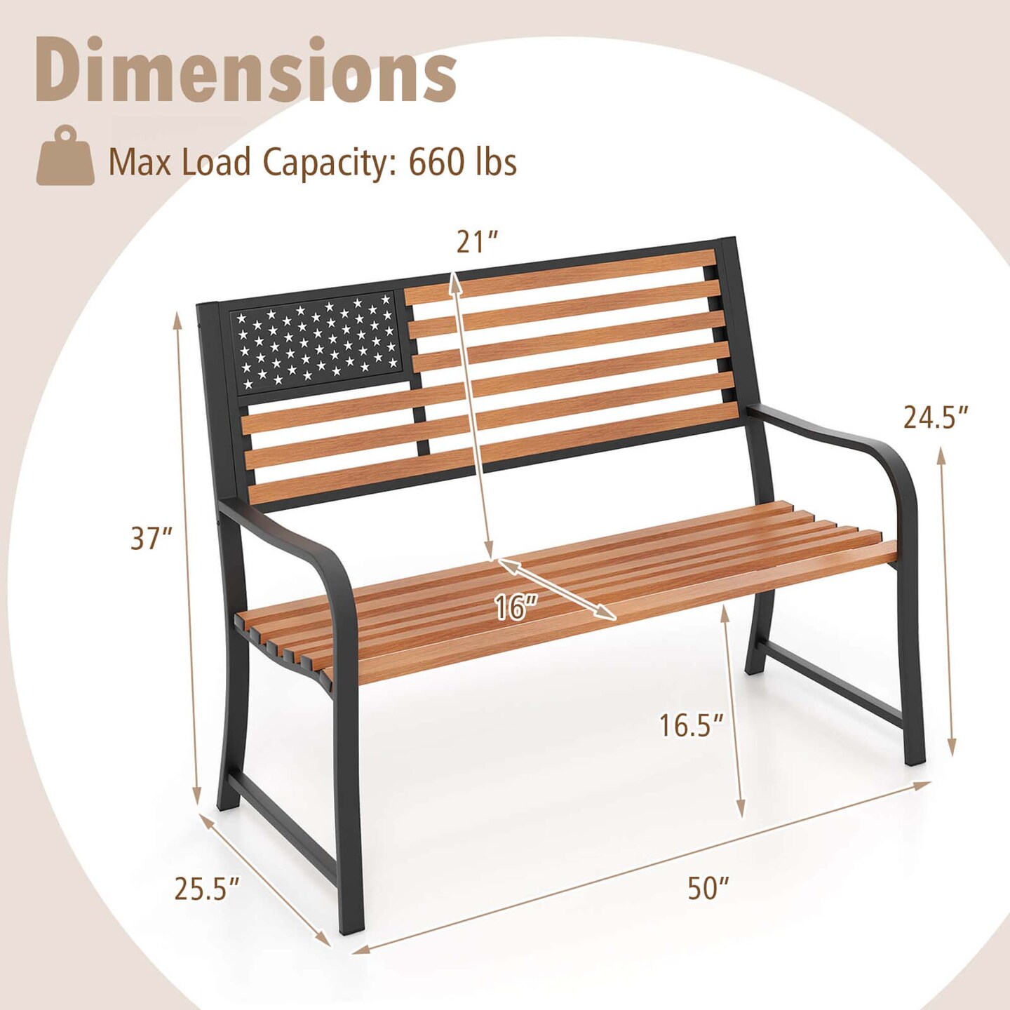 Costway 50&#x22; Outdoor Garden Bench with Flag Pattern Backrest &#x26; Rustic Wood Grain Finish