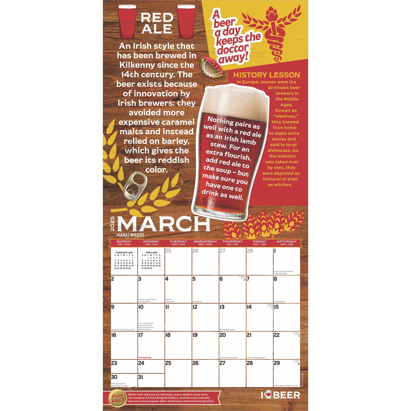 I Love Beer | 2025 12 x 24 Inch Monthly Square Wall Calendar | Plastic-Free | BrownTrout | Fun Humor Drinks