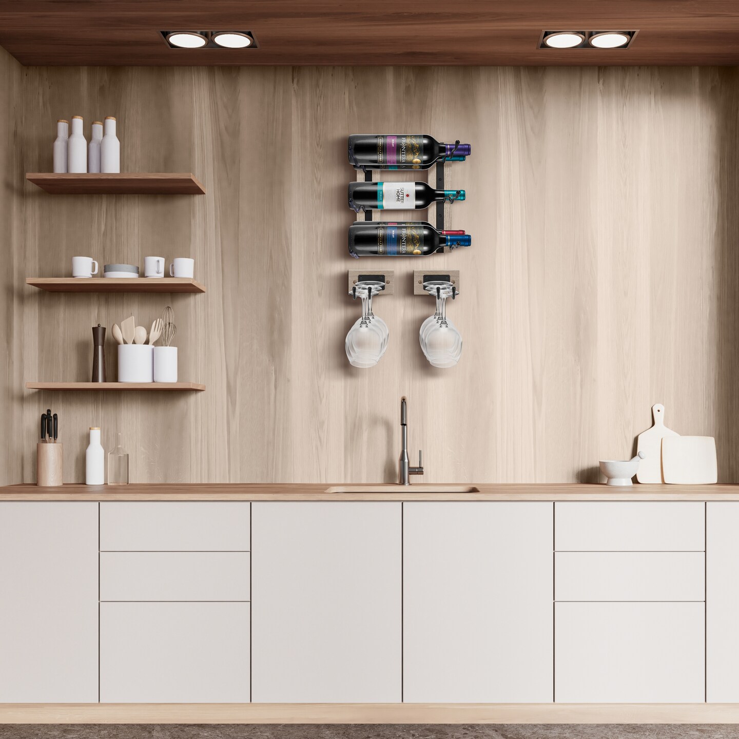 Sorbus Wall Mounted Wine Glass Rack, Wire & Wood Stemware Holder Set for Wine Glasses, Champagne Glasses, and Drinkware 2 Pack