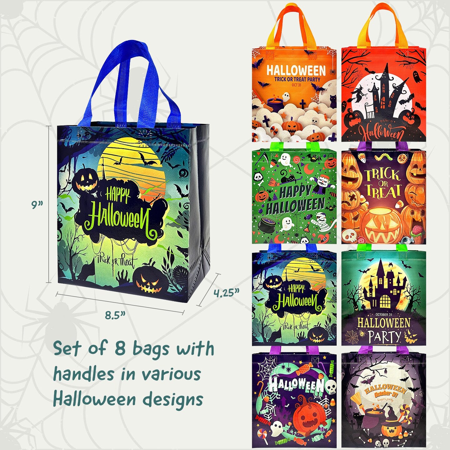 Wrapables Non-Woven Reusable Halloween Trick or Treat Bags with Handles for Parties, Gifts, Candy and Treats (Set of 8), Assorted