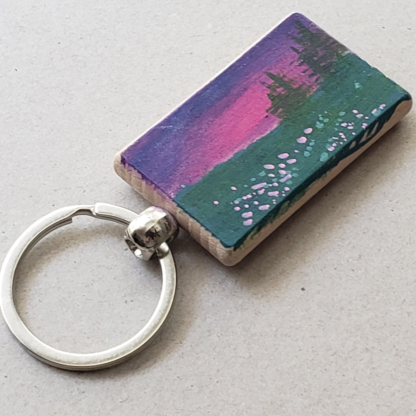Keychain handpainted - Rectangular - Acrylic Landscape with Purple