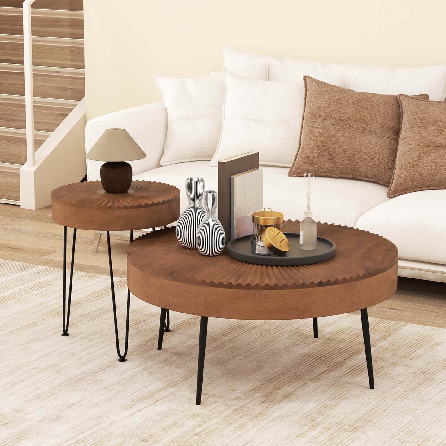 Costway Farmhouse Round CoffeeTable Set of 2 End Table Natural Finish for Living Room Coffee/Natural