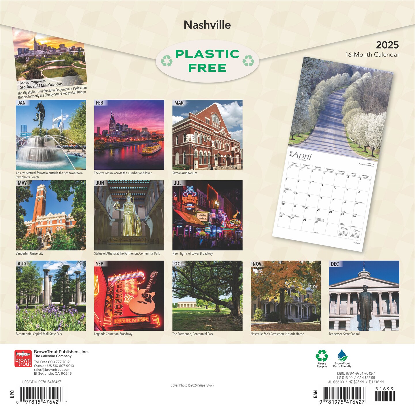 Nashville | 2025 12 x 24 Inch Monthly Square Wall Calendar | Plastic-Free | BrownTrout | Travel American Cities Tennessee