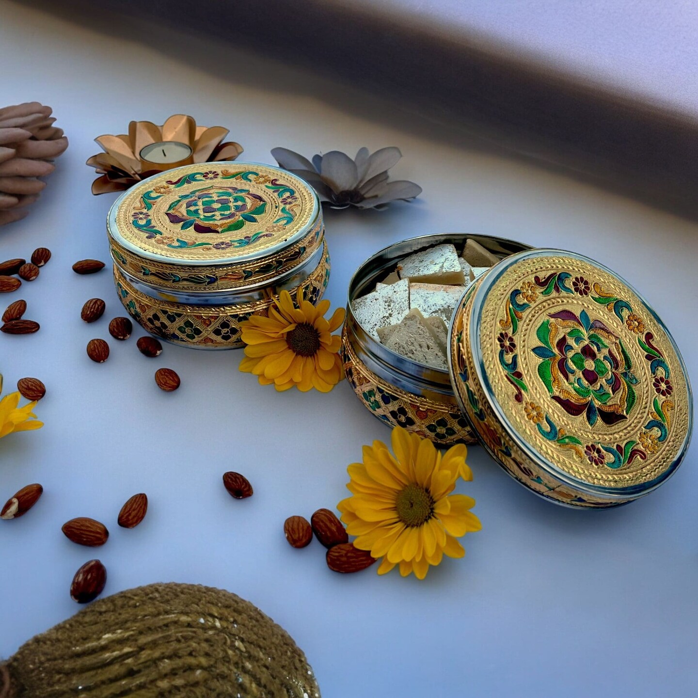 4 Ct Meenakari Stainless Steel Box Decorative Small Round Cookie Tin Indian Wedding Favor Container Dabba for Sweets Laddu Dryfruit Chocolate Multipurpose Storage Box - Housewarming Gift