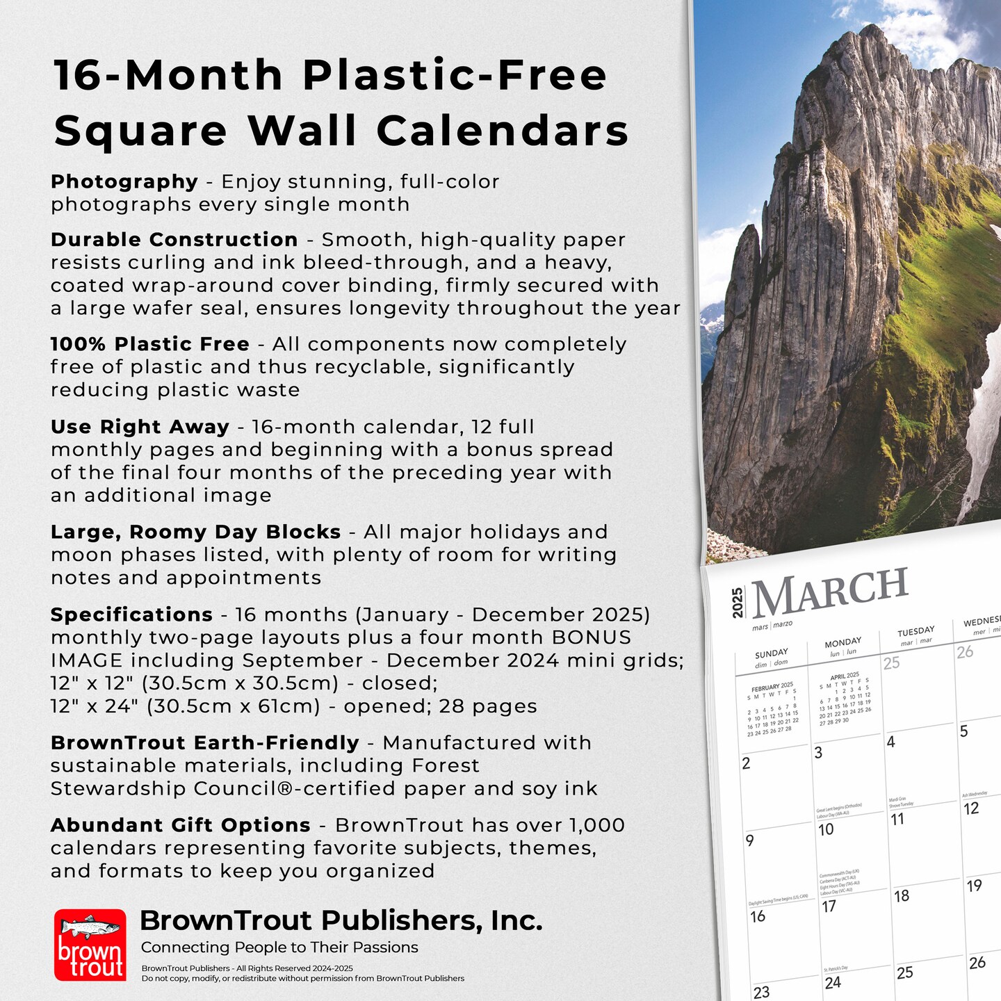 Switzerland | 2025 12 x 24 Inch Monthly Square Wall Calendar | Plastic-Free | BrownTrout | Travel Europe Swiss Alps