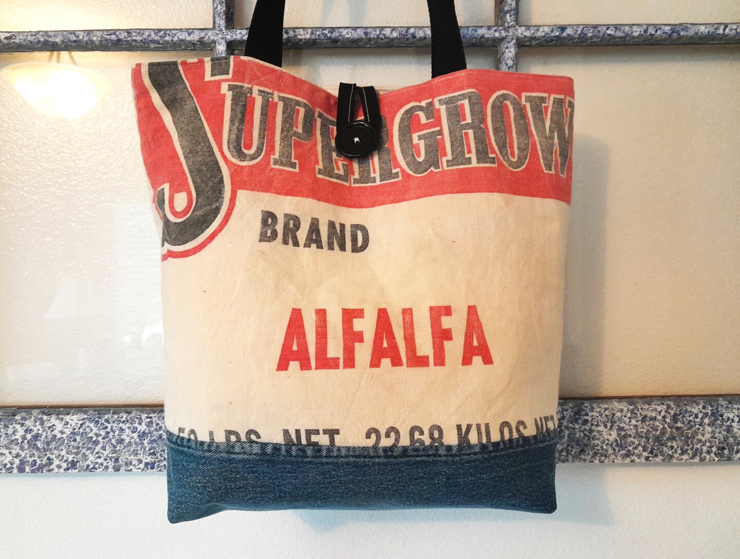 Linen seed sack tote vintage alfalfa handbag