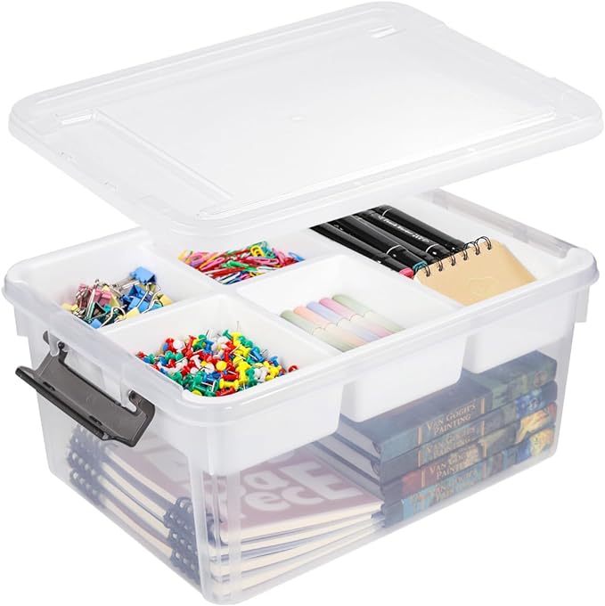17-Quart Plastic Storage Bin with Lid, Clear Organizing Container with Removable Tray, Multipurpose Stackable Storage Box for Home, Office and School Supplies