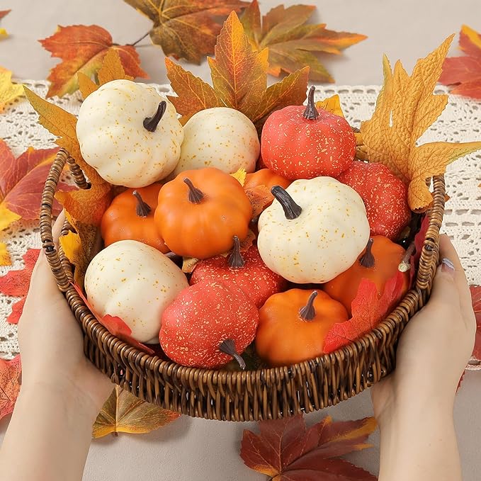 16 Pcs Realistic Mini Pumpkin Decor, Fall Decor with Pumpkins Maple Leaves, Artificial Pumpkin Decor for Autumn Filler, Realistic Pumpkin Decorations for Halloween Thanksgiving Fall Home Decor