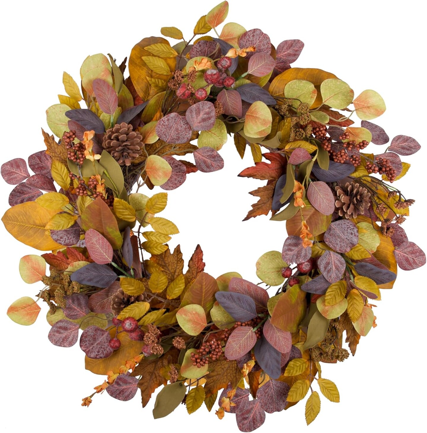 24" Fall Wreath, Handcrafted with Faux Eucalyptus, Magnolia Leaves, Maple Leaves, Berries, Natural Pine Cones, Fall Decoration for Front Door, 2024 New