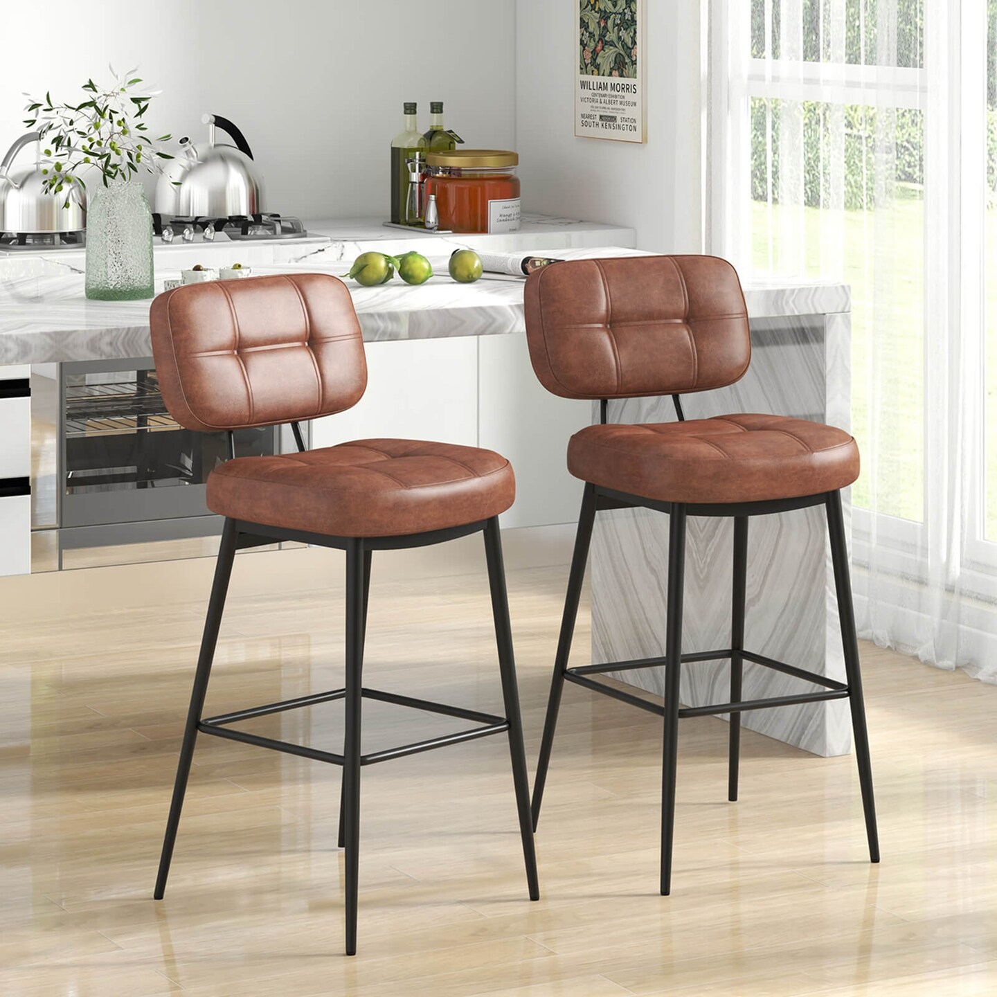 Costway Set of 2/4 Bar Stools with Padded Seat Footrest &#x26; Metal Legs PU Leather for Kitchen