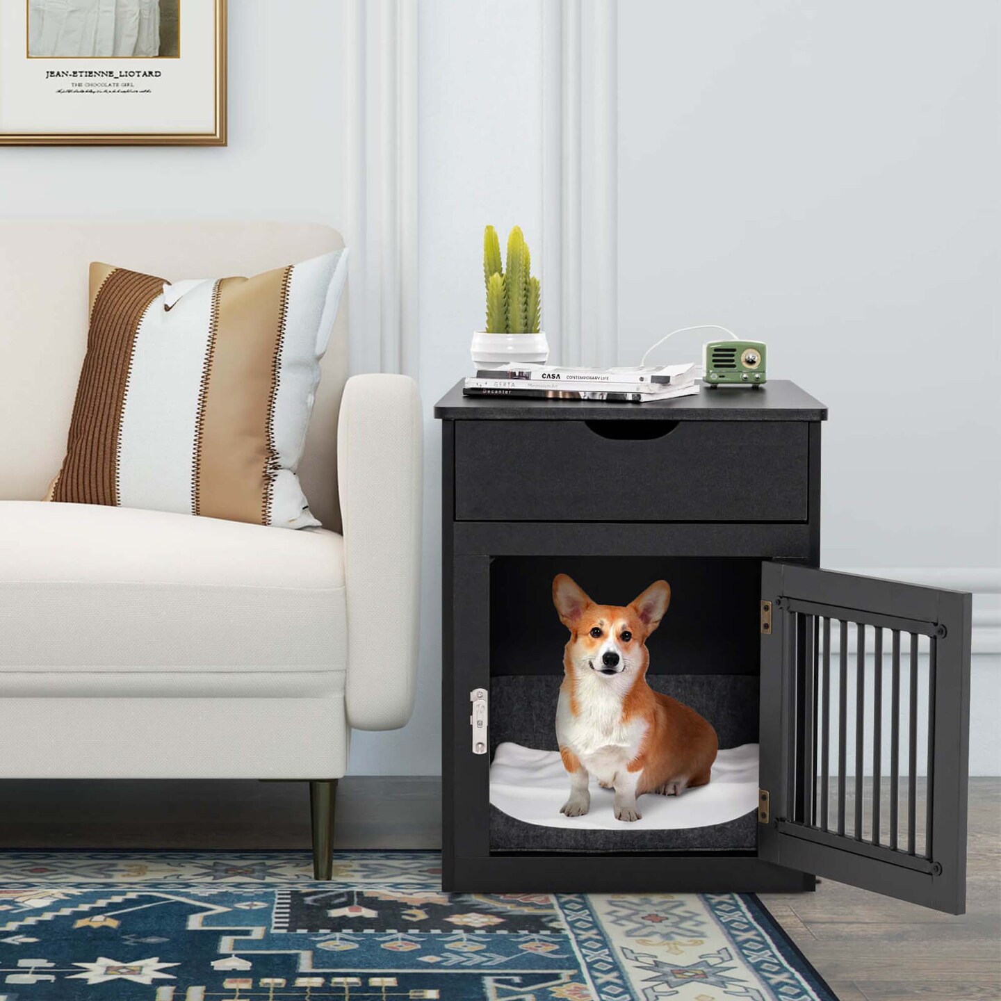 Costway 2-In-1 Furniture Dog Crate with Drawer Wired &#x26; Wireless Charging Side End Table Black/White/Rustic Brown