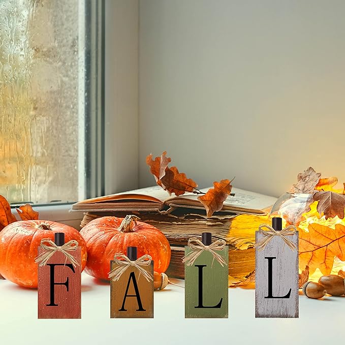Fall Decorations for Home Thanksgiving signs Harvest Fall Autumn Home Decor with Vintage Farmhouse Block Sign on Wooden Table