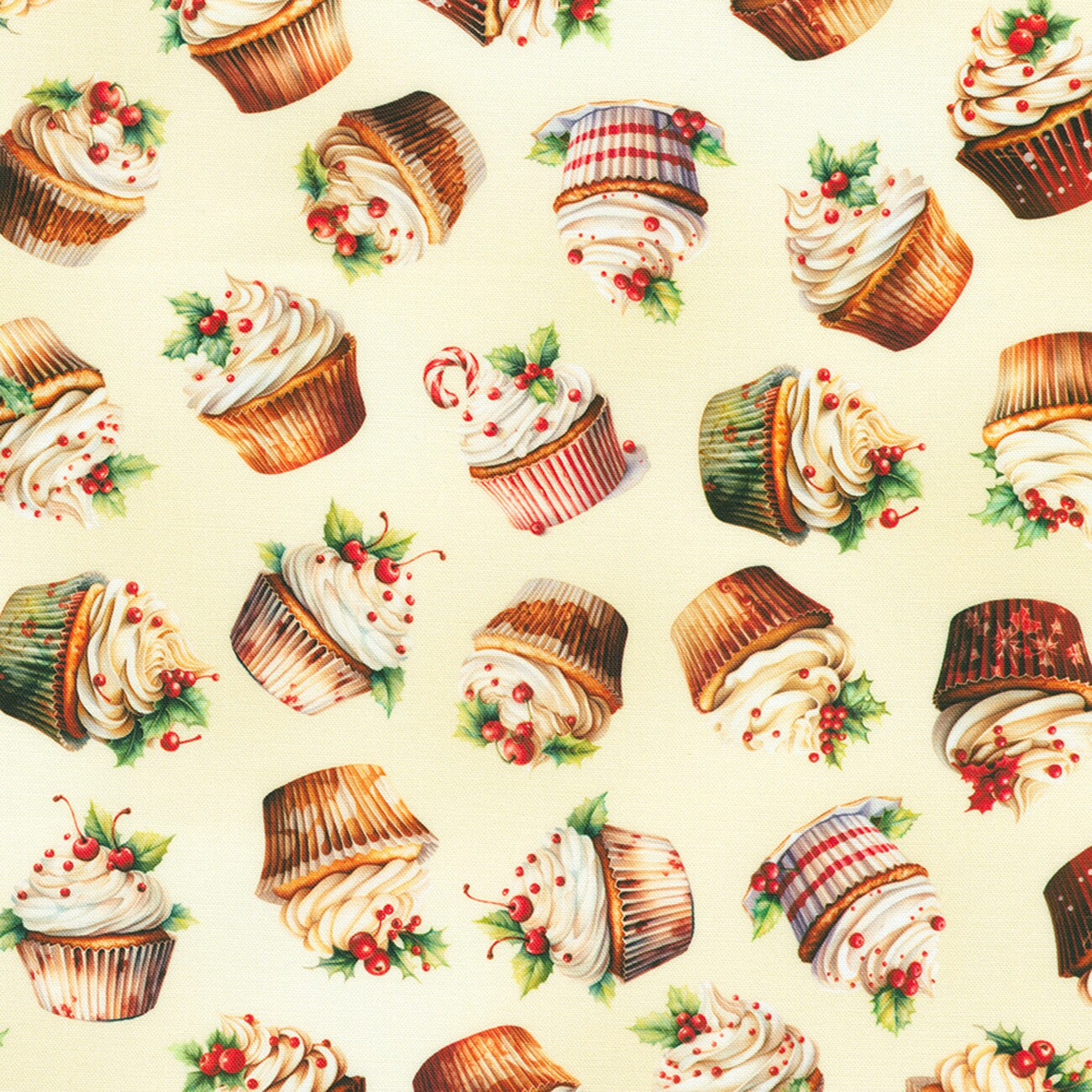 Fabric Robert Kaufman Cream Christmas Cupcakes Frosted by RKF by the Quarter Yard SRKD-23206-84