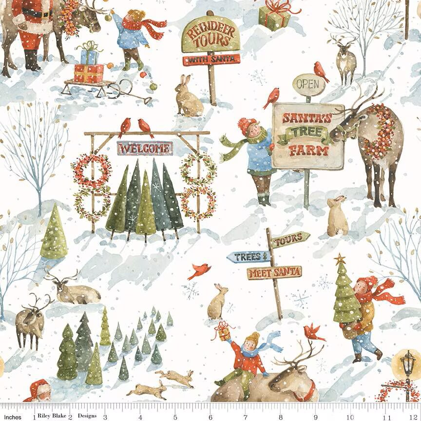 Fabric Riley Blake Snowy Main Santa's Tree Farm by the Quarter Yard ...