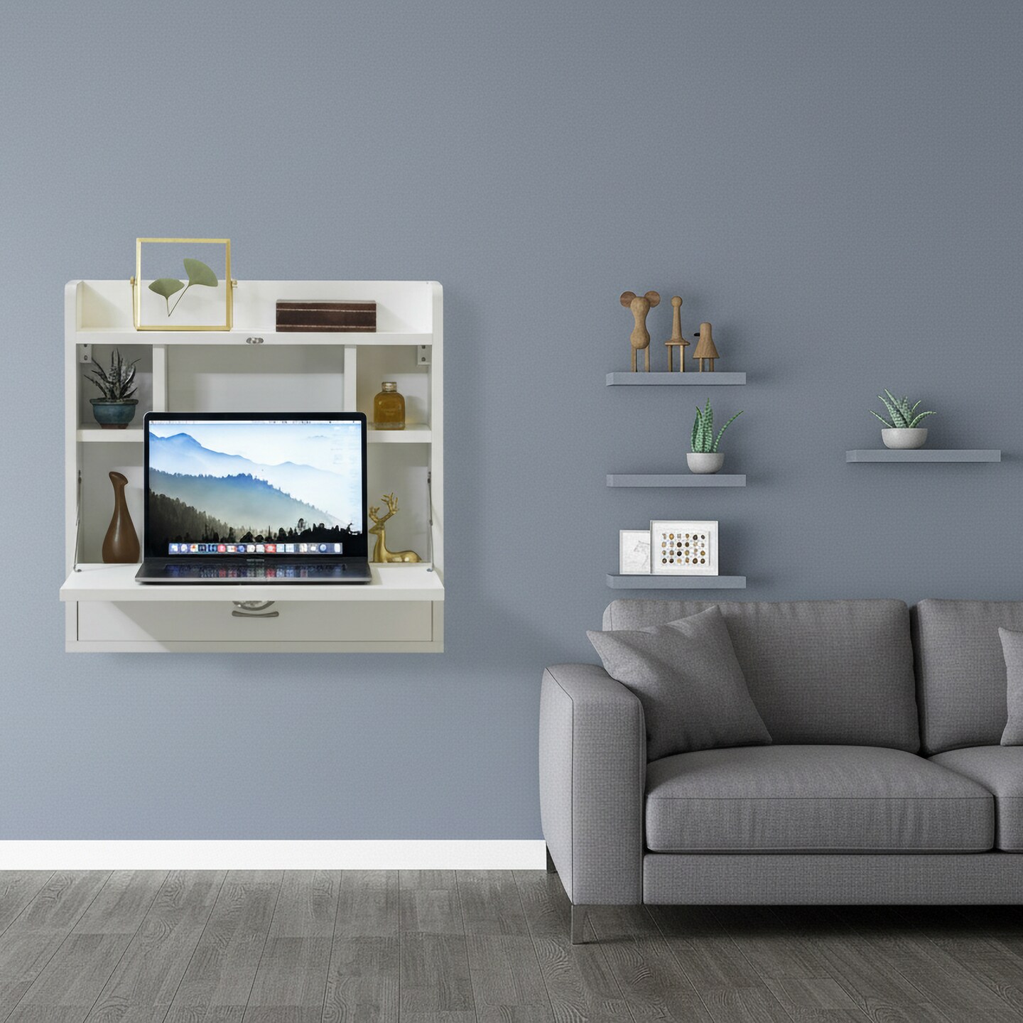 Wall Mount Folding Laptop Writing Computer or Makeup Desk with Storage Shelves and Drawer